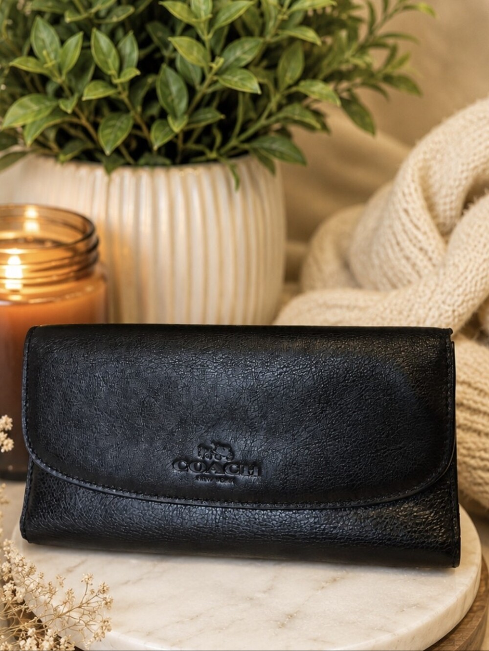 Coach Pebbled Leather Slim Envelope Checkbook Wallet F52715 Black